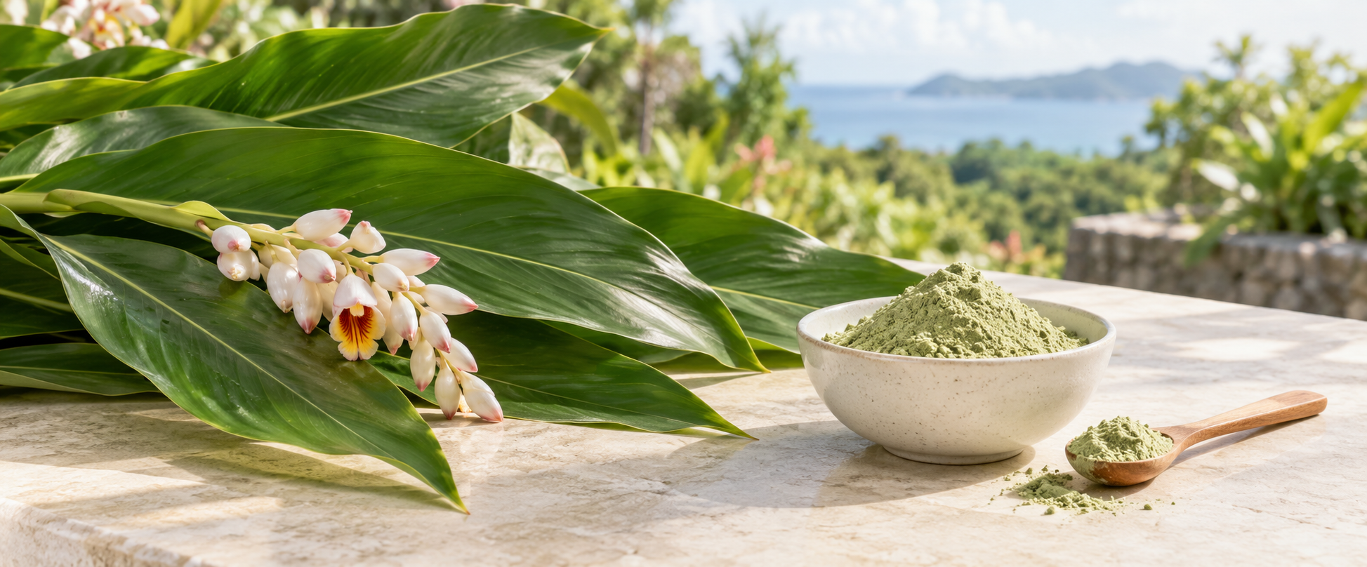 Shell Ginger leaves, flowers, and powder in Japan