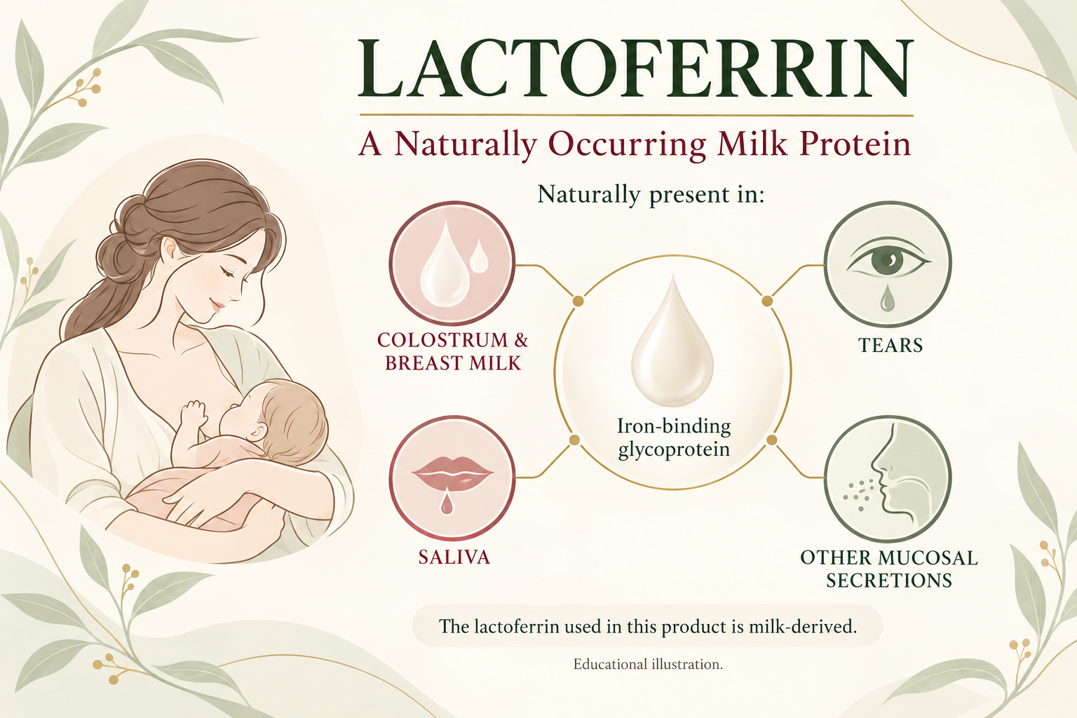 Doctors Mega Lactoferrin - 120 Enteric-coated tablets 3 Educational illustration showing where lactoferrin naturally occurs