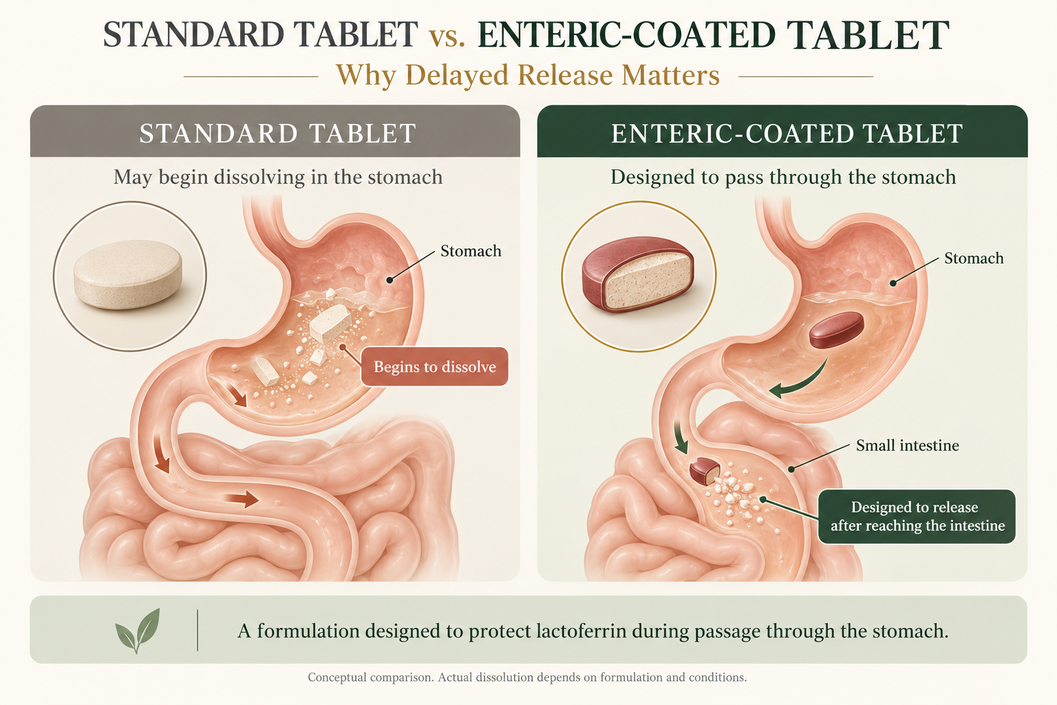 Doctors Mega Lactoferrin - 120 Enteric-coated tablets 5 Conceptual comparison of standard and enteric-coated tablets