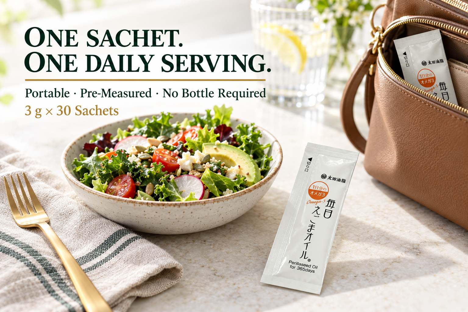 Egoma Oil (Perilla Seed Oil) 4 Portable EGOMA OIL sachets beside lunch and inside a handbag